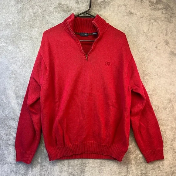 Izod Mens Quarter Zip Pullover Sweater Red Cotton Long Sleeve Size L