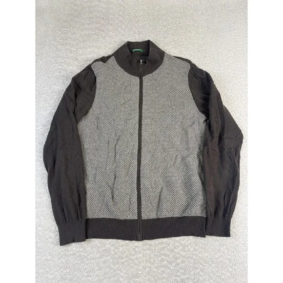 United Colors of Benetton Sweater Mens Large Brown Gray Full Zip Wool‎ Blend
