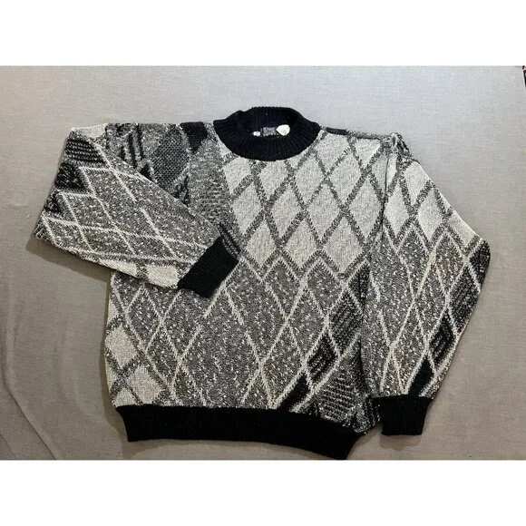 Vintage‎ Bonwit Teller Sweater Mens Large Gray Geometric Long Sleeve Adult.