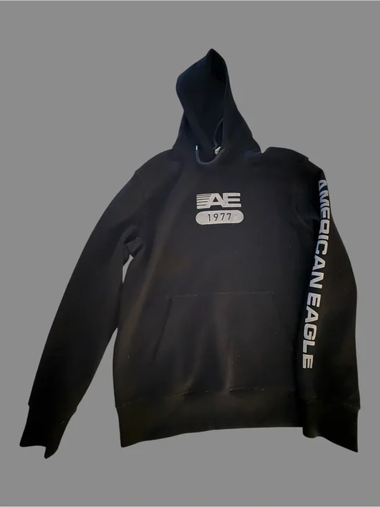 American Eagle Outfitters Black Hoodie with AE 1977 Logo and Sleeve Branding