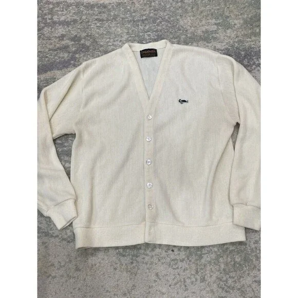 Vintage 60s 70s Sweater Mens L Turtle Logo Challenger Cream Rockabilly Cardigan