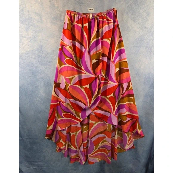 Tyche Pink Orange Abstract Petal‎ High Low Maxi Skirt Small Retro Boho Flowy
