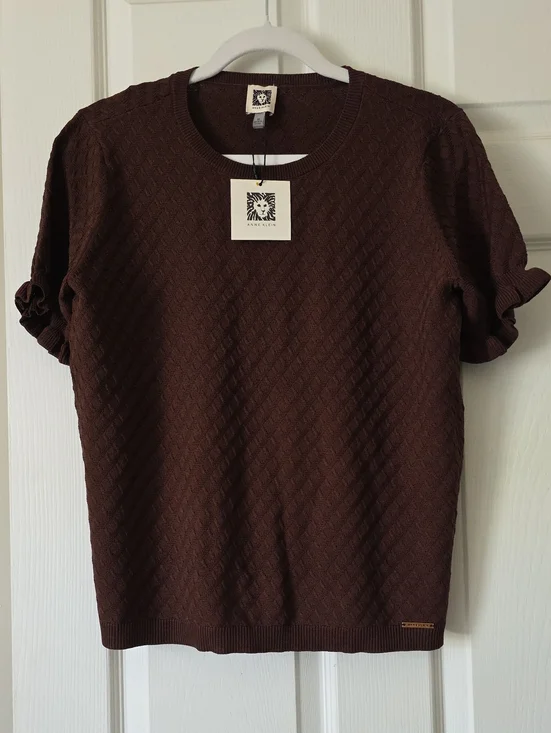Anne Klein Dark Brown Crewneck Short-Sleeve Textured Sweater