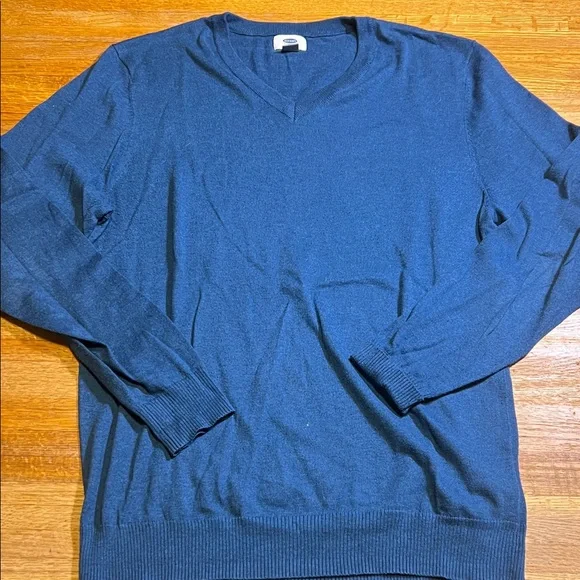 Old Navy Men Large Blue Knit Stripe V-Neck Long Sleeve‎ Pullover Sweater