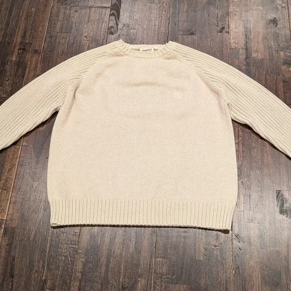 Timberland Sweater Mens XL Fits L Beige Cream Cotton Raglan‎ Ribbed Crewneck Y2K
