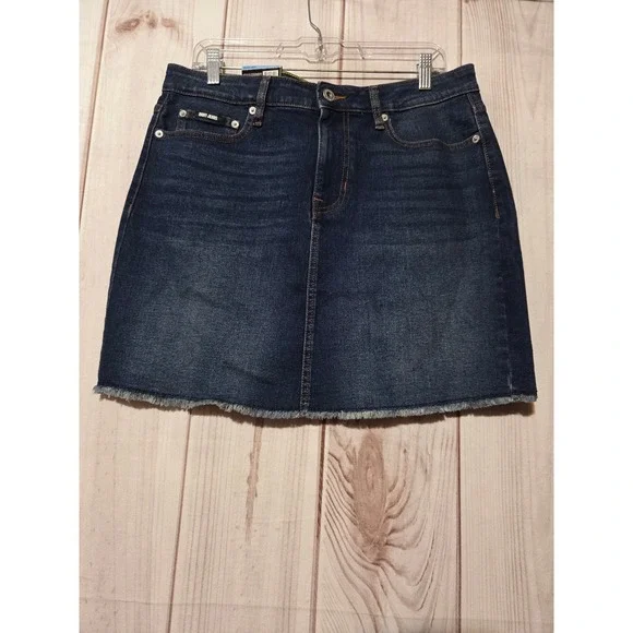 DKNY Jeans Womens Mid Rise Denim Skirt Dark Wash Raw Hem A-Line Size 10 Indigo