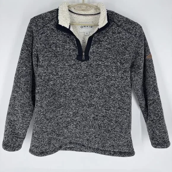 Orvis Sweater Mens Large Black‎ Gray Sherpa Lined Quarter Zip Pullover Fleece