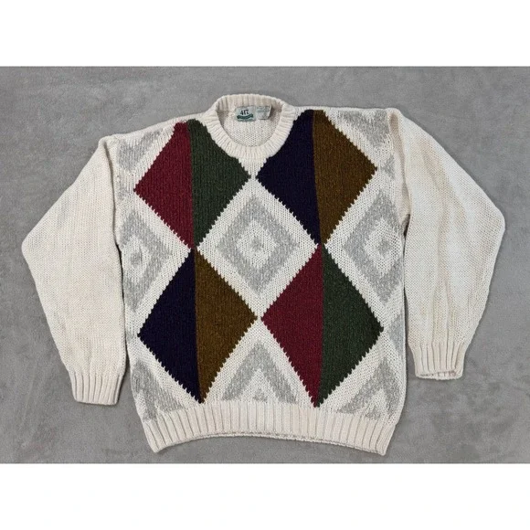 Vintage 417 Van Heusen Mens Medium Ramie Cotton Geometric Diamond Knit Sweater