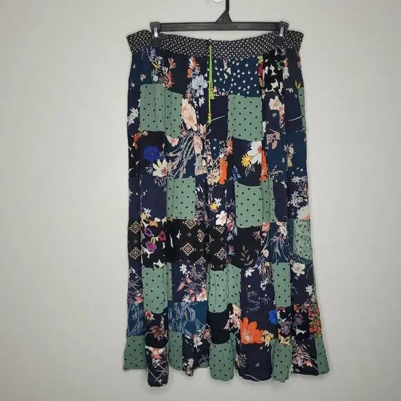 Just Cruising mixed print patchwork drawstring maxi rustic artsy boho skirt