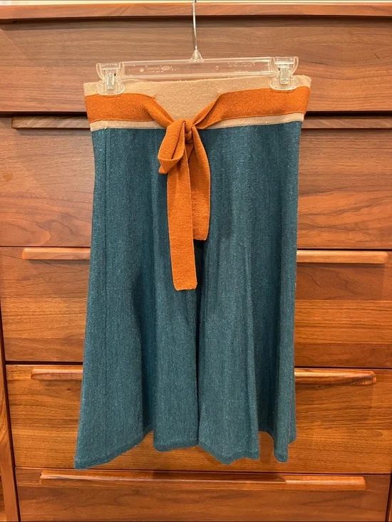 Anthropologie Teal Knit Midi Skirt with Rust Waist Tie