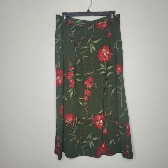 Kathie Lee dark green red flower print holiday midi maxi zipper skirt size 14