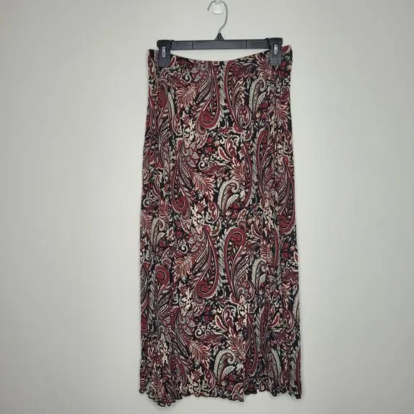 Vintage y2k 90s red black paisley print midi pull on stretch skirt size large p