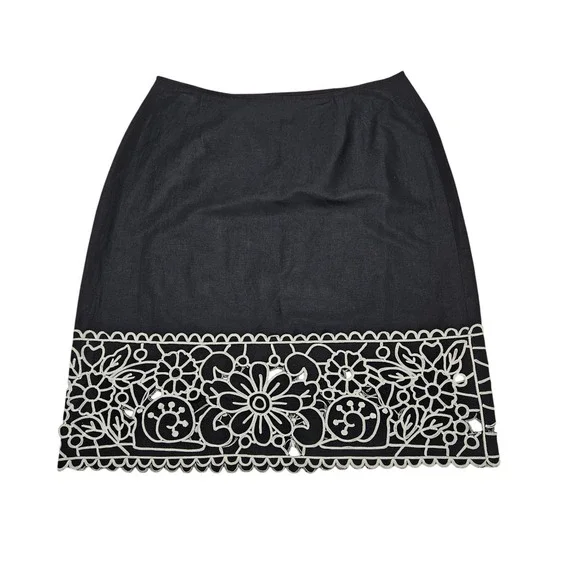 Carlisle Black Linen Cotton Floral Eyelet Embroidered‎ Scalloped Pencil Skirt 8