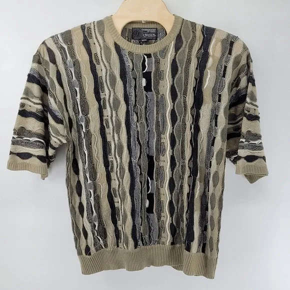Clench Coogi Style‎ Knit Sweater Mens XXL Green Short Sleeve 3D Textured Striped