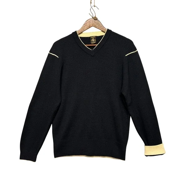 Vtg Mens Sz L V Neck‎ Pullover Sweater Black 100% Wool Ribbed Knit Contrast Cuff