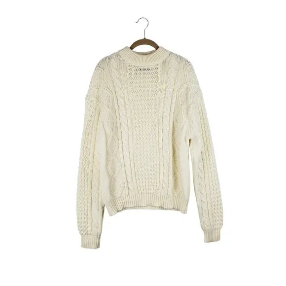 Vtg Passport 360 Classic Cable Knit Fishermans Sweater Ivory Acrylic Size Large