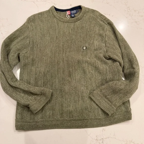 Chaps Men’s Large Olive Green Herringbone Knit Crewneck Sweater 100% Cotton
