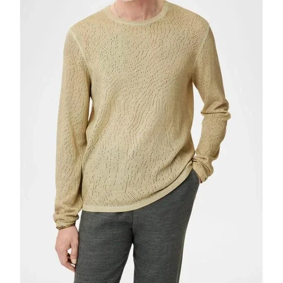 JOHN VARVATOS Mens Sweater Small Tan Pullover Crew CAMDEN Mesh Stitch Sheer $228
