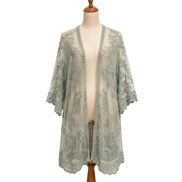 Anna-Kaci Sage Green Embroidered Lace Kimono Duster One Size Sheer Floral