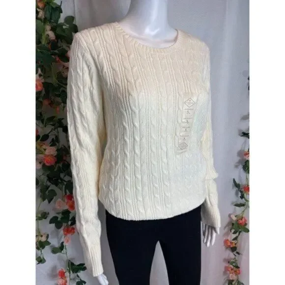 St Johns Bay Cream‎ Cotton Blend Crew Neck Cable Knit Sweater Size L