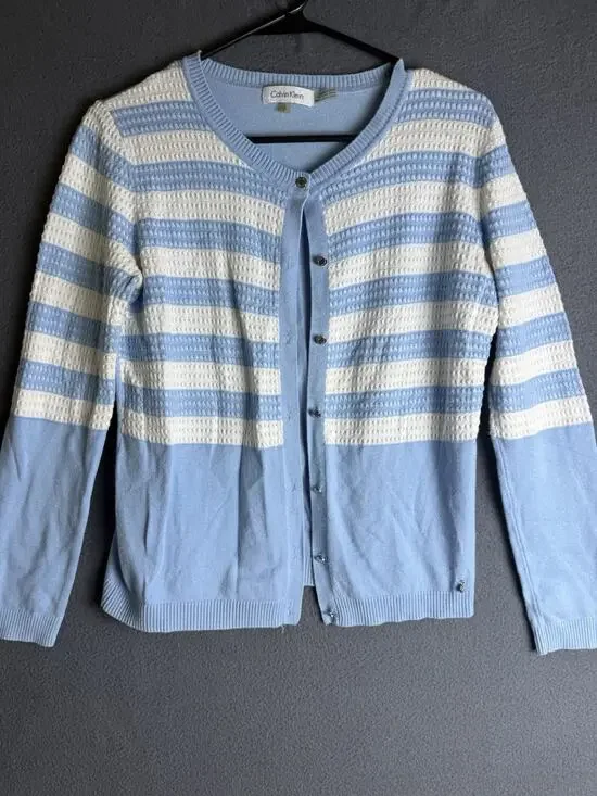 CALVIN KLEIN Cotton Blue/White Striped Button Front Sweater Cardigan S