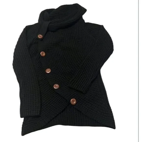 Black size S pullover button accent cowl neck sweater no fading or pilling EUC