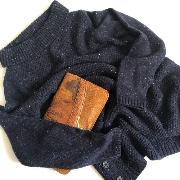 Talbots mock turtleneck dark blue sweater with button detail on the sides