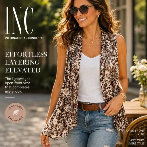 INC International Concepts Animal Print Open Front Vest Medium Boho