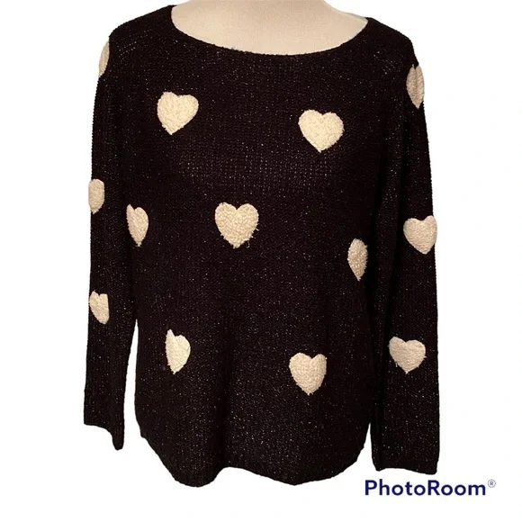 LC LAUREN CONRAD SWEATER CREWNECK ROUND BLACK SHIMMER PUFFY CREAM HEARTS Size L