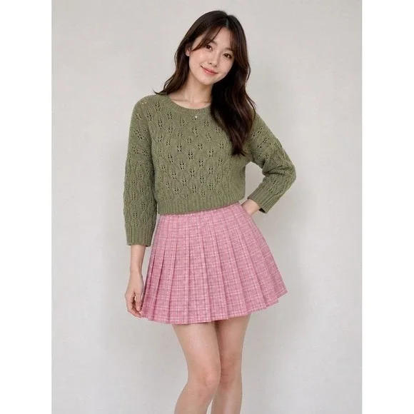 SO Goods‎ for Life Olive Green Pointelle Knit Sweater Medium Cropped Cottagecore