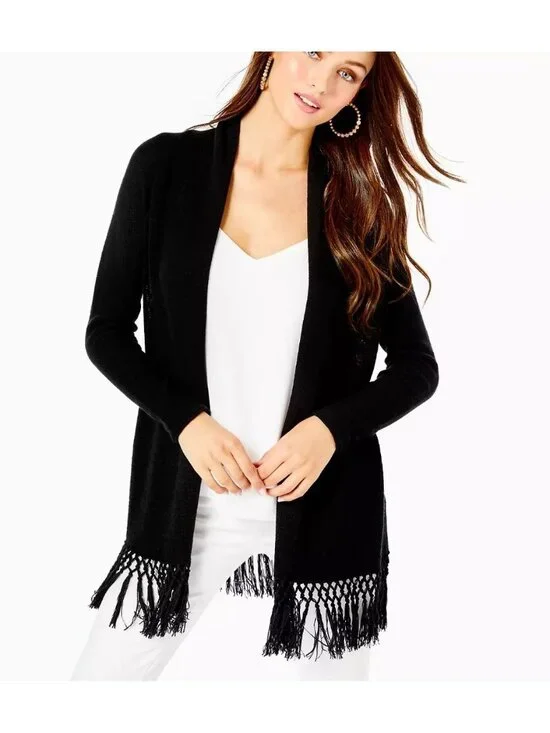 lilly pulitzer Tatum Long Fringe Hem Cardigan Sweater XL Black Cotton Blend