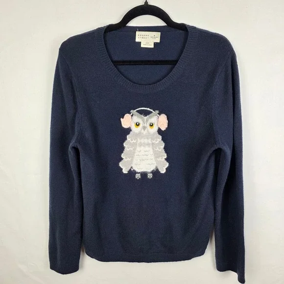 Kate‎ Spade Broome Street Owl Earmuff Sweater Navy Wool Blend Pullover Womens M