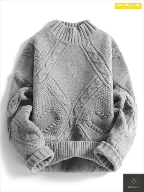 Oversized Cable Knit Chunky Sweater Mock Neck Long Sleeve Pullover