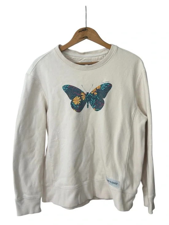Life Is Good | Women’s Cream Crewneck Floral Butterfly Print Sweatshirt Size M