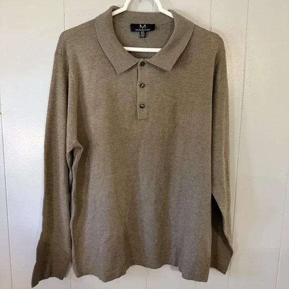 Magaschoni Polo Sweater Mens Medium Taupe Long Sleeve Wool‎ Blend Knit 4684
