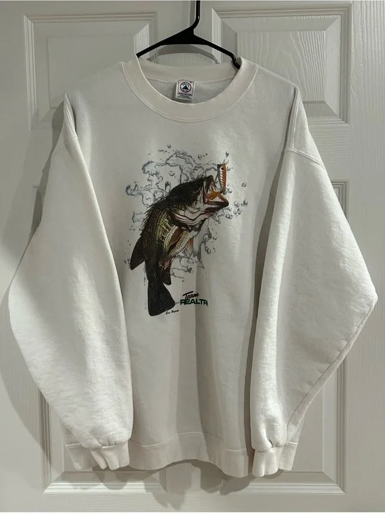 Realtree White Crewneck Sweatshirt with Bass Fishing Graphic