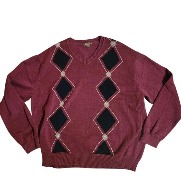 Tasso Elba Golf Sweater Mens XL Burgundy Argyle V-Neck Cotton Pullover Classic