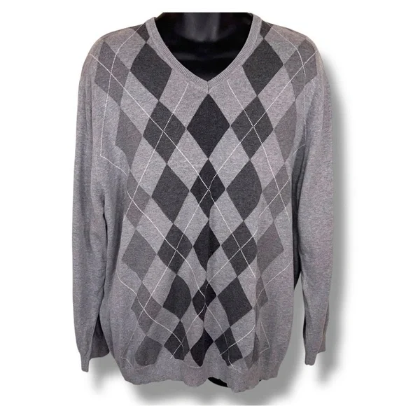 XL Liz Claiborne Grey Argyle Sweater  Vneck Academia Long Sleeve Knit