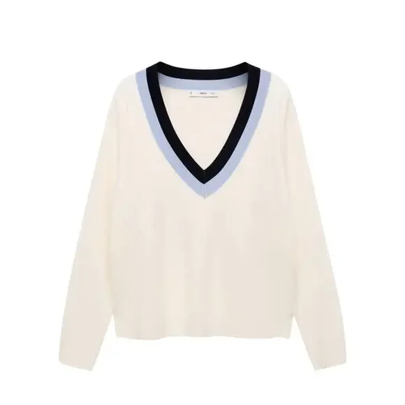 Mango NEW V Neck Varsity Sweater Medium Pullover Cream and Blue