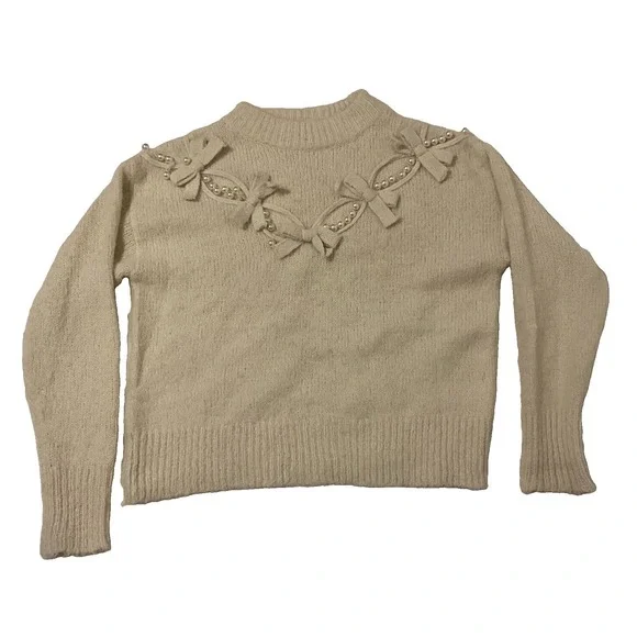 LC Lizette Collection Sweater Top Womens M Ivory Pearl And Bows Ribbed Knit