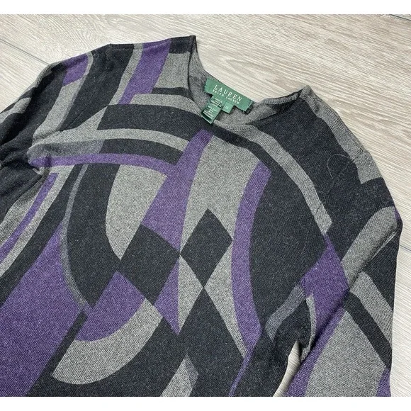 Lauren Ralph Lauren Women's Silk Cashmere Geometric Abstract ‎ Sweater Grey XS