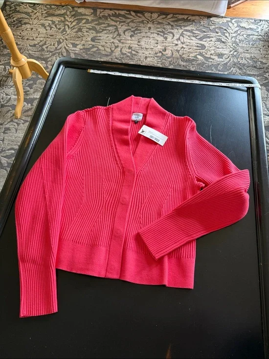CAbi madame cardigan Hot Pink Ribbed V-Neck Cardigan