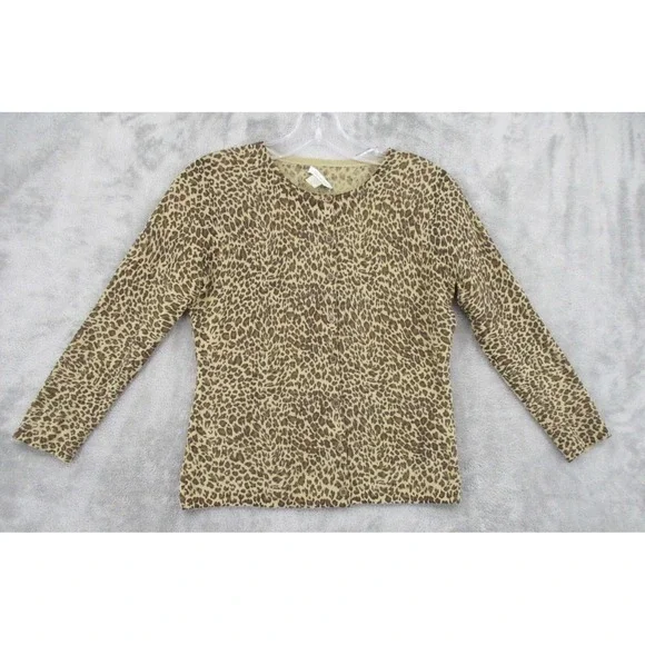 Garnet Hill Sweater XS Cardigan Merino Wool Animal Print Button Front Statement