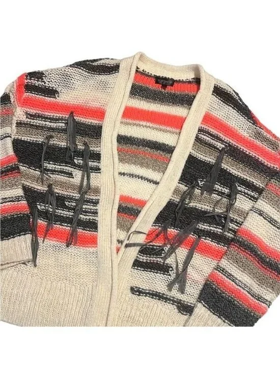 Topshop Tassel Stripe Open Front Chunky Cardigan Sweater Size 8