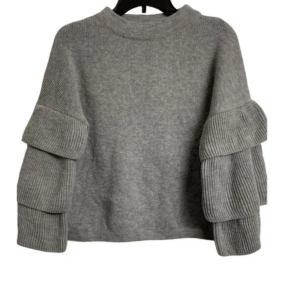 Poof‎ L Knit Minimalist Cropped Casual Sweater Bell Sleeve Gray