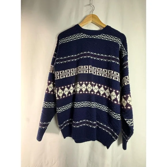 Vintage Whitefish Bay Mens Blue Geometric Fair Isle Knit Sweater‎ Size M Hungary