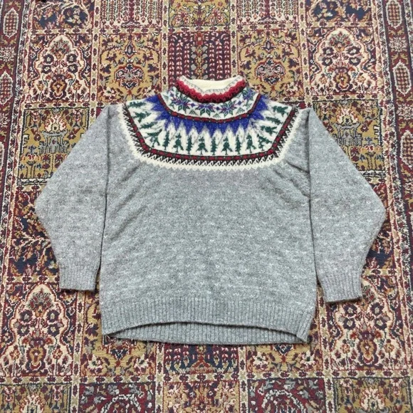 VTG 80s 90s Eddie Bauer Fair Isle Alpine Wool Birdseye Gray Sweater S‎ Felted