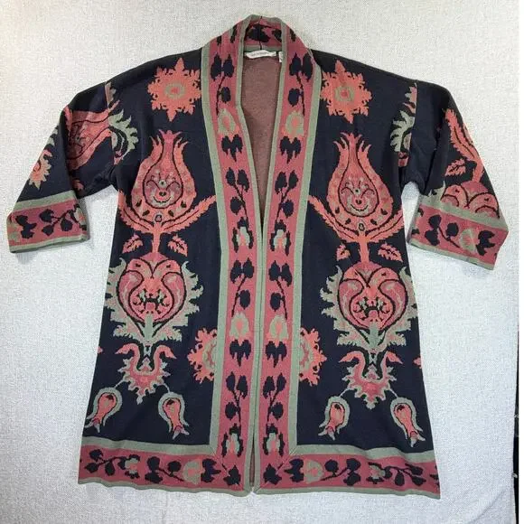 Soft Surroundings Women XL Black Orange Floral 3/4 Sleeve Cardigan Sweater