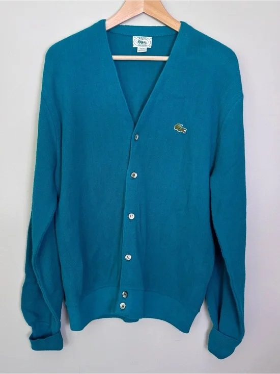 Vintage Izod Lacoste Sweater Men's Large Green Orlon Acrylic Cardigan USA 80s