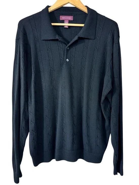 Nordstrom Vintage 90s Men's L Cable Knit Merino Wool Polo Sweater Black
